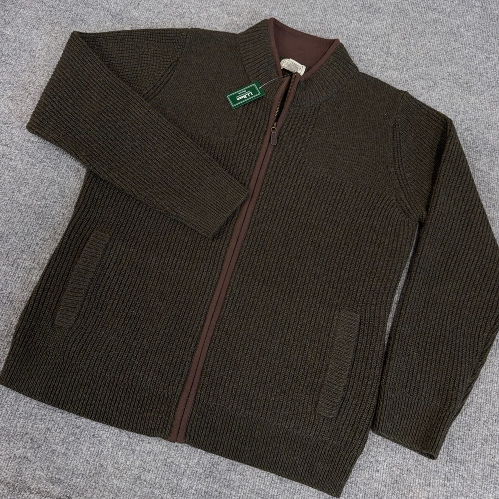 LL Bean Sweater Jacket Women Large Forest Green Waterfowl Full Zip Pockets NEW